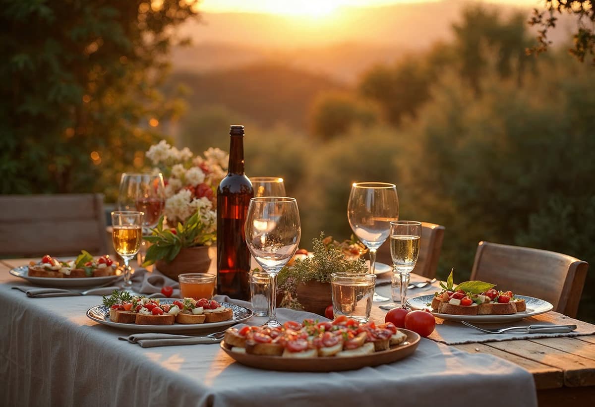 Toscaanse tafel met eten en wijn bij Borgo Vista Serena in Toscane